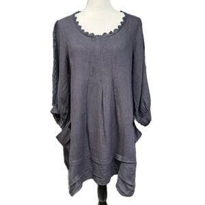 Piazza Roma 3/4 Sleeve Lace Linen Lagonlook Mini Boxy Dress Dark Gray Women 4